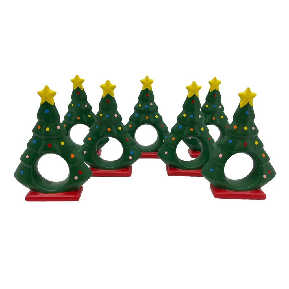 Set of 7 Ceramic Hand Painted Christmas Tree Napkin Rings Holders Holiday Decor